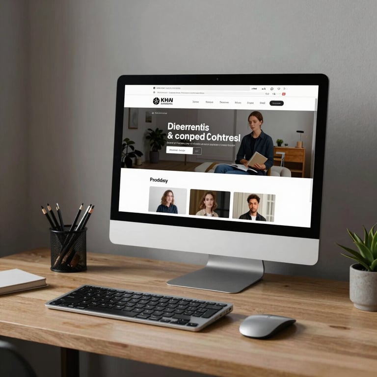 A minimalist home office setup with a high-end computer showing a modern e-commerce website design.