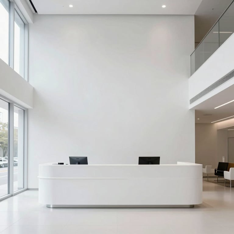 A wide shot of a clean, white minimalist lobby with modern architectural lines and a professional reception desk.