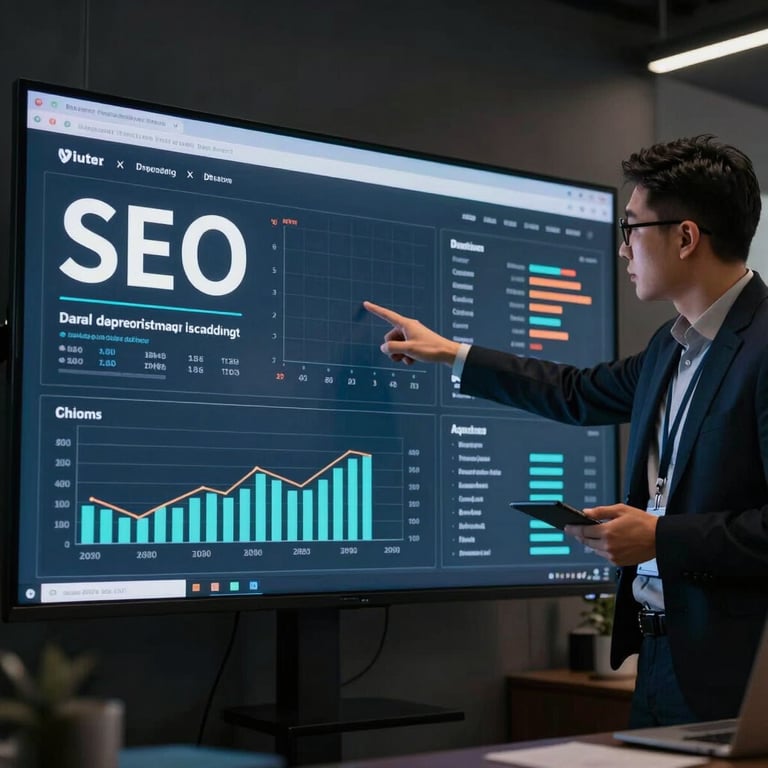 A professional analyst pointing at a large digital screen showing SEO performance metrics in a dark, sophisticated room.