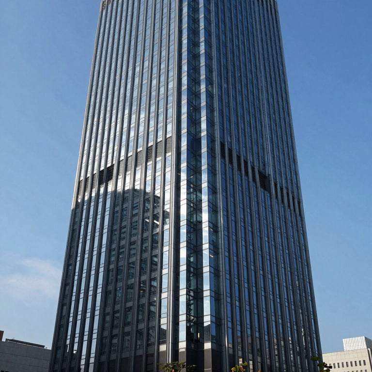 A modern glass skyscraper reflecting a clear blue sky in a major international business district.