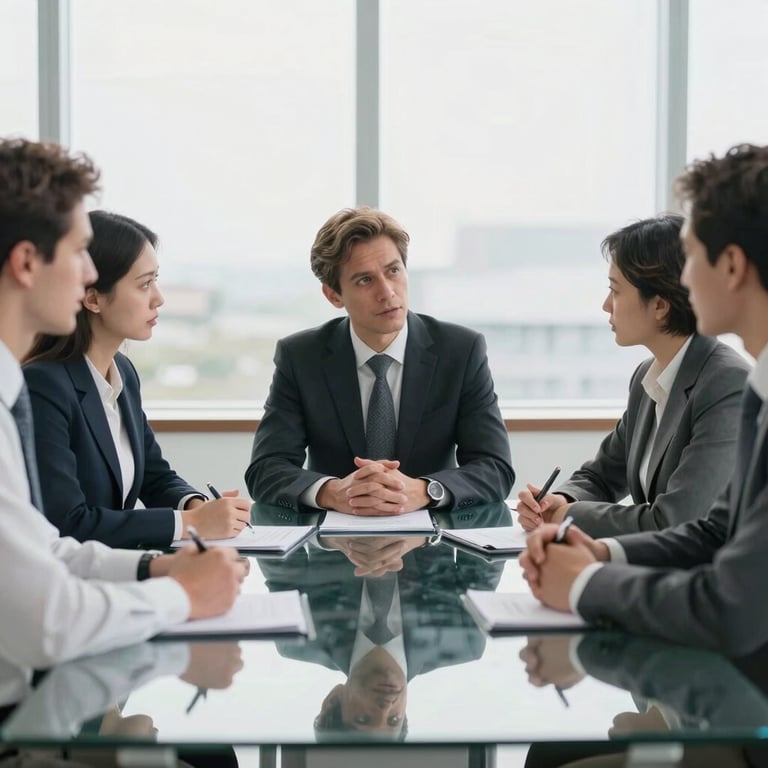 A bright meeting room where international business professionals are discussing strategy around a clean glass table.