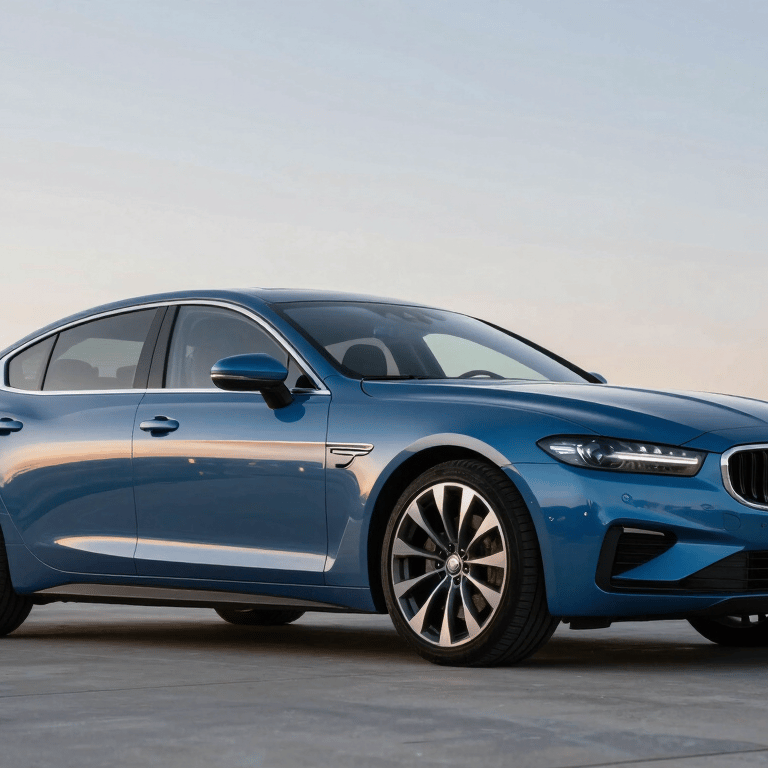 A glossy Deep Charcoal sedan parked in front of a sleek North American / US corporate building, showing a mirror-like finish.