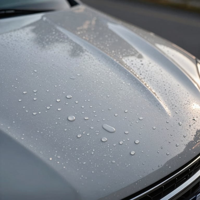 A macro shot of water beading on a ceramic-coated hood, illuminated by a crisp Mist Grey light.