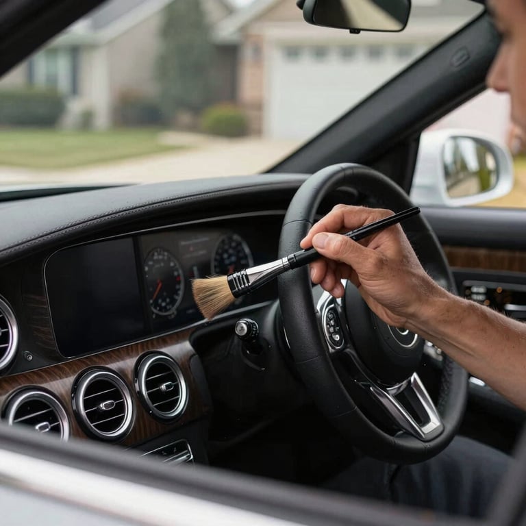 A detailer using a precision brush on the dashboard of a luxury car in a North American / US suburban driveway.