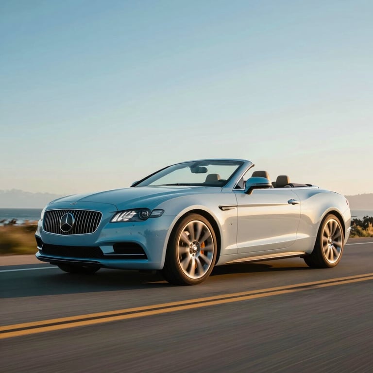 A luxury convertible driving through a North American / US coastal road at golden hour, its paint reflecting Pale Sky Blue hues.