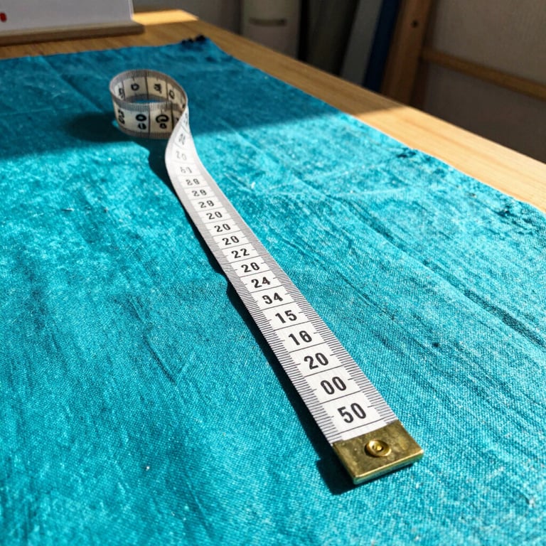 A close-up of a tailor's soft measuring tape draped over a beautifully textured turquoise linen pet fabric, warm natural sunlight, cozy workshop background