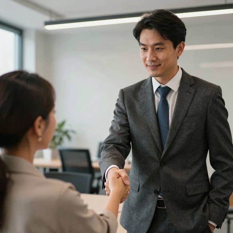 A mortgage broker in a charcoal suit shaking hands with a client in a modern Spanish office. Professional lighting, trust-focused composition.