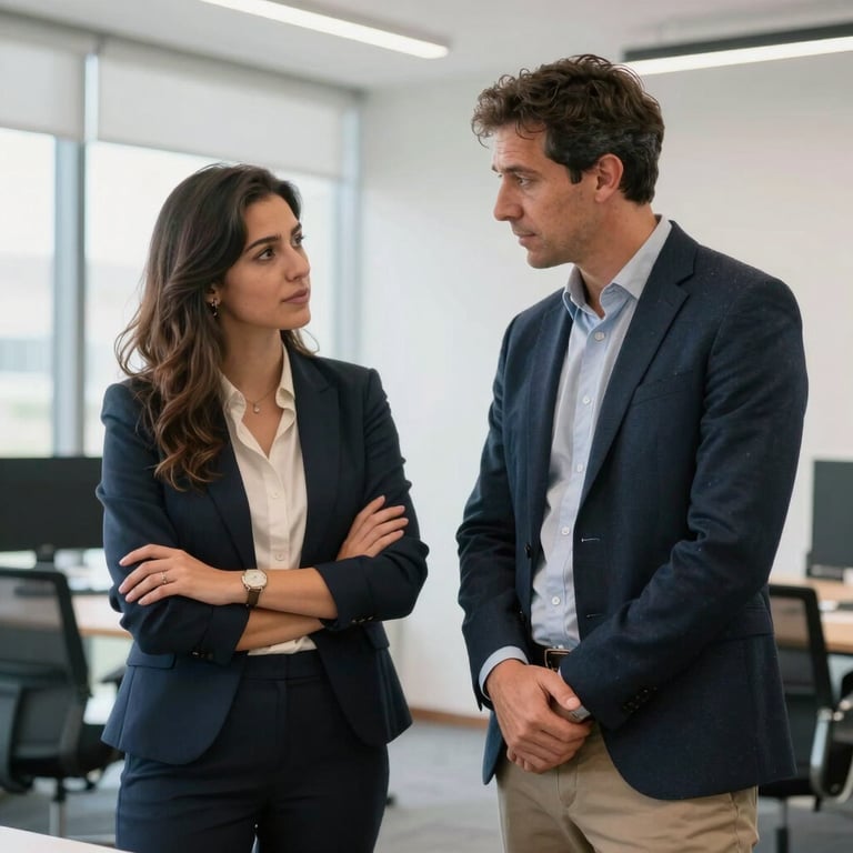 Two real estate professionals discussing a strategic project in a bright office in Barcelona. Modern Southern European business attire.