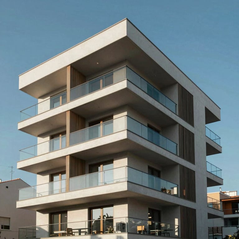 High-end contemporary residential building in a Spanish suburb, featuring clean lines, glass balconies, and a clear blue sky.