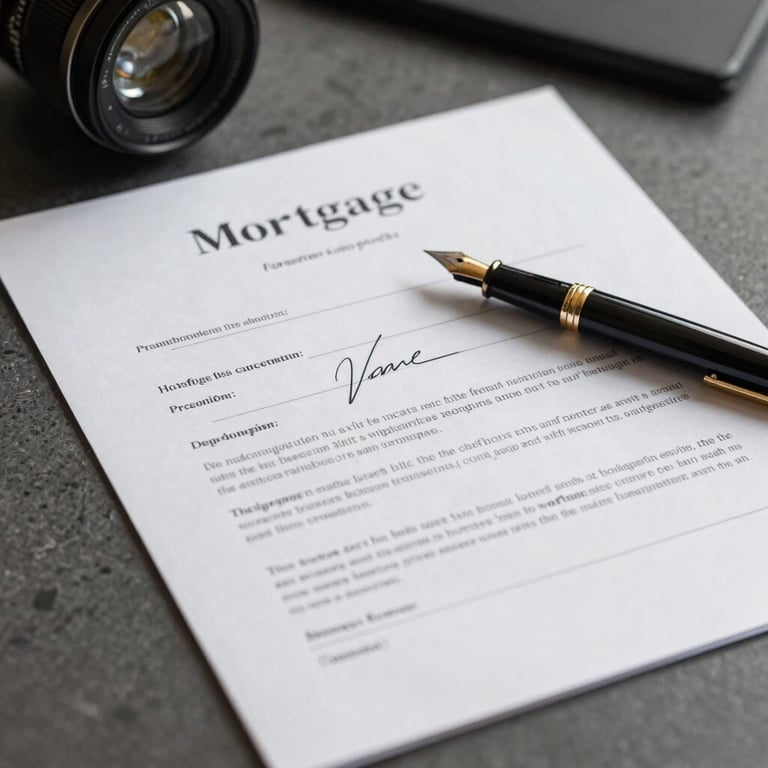 A detail shot of a signed mortgage contract next to a fountain pen on a professional desk. Muted gray and deep black color palette.