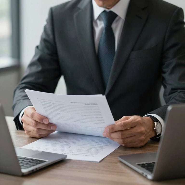 A sophisticated investor in business attire reviewing financial documents in a sleek office in Madrid. The palette is charcoal black and light gray.