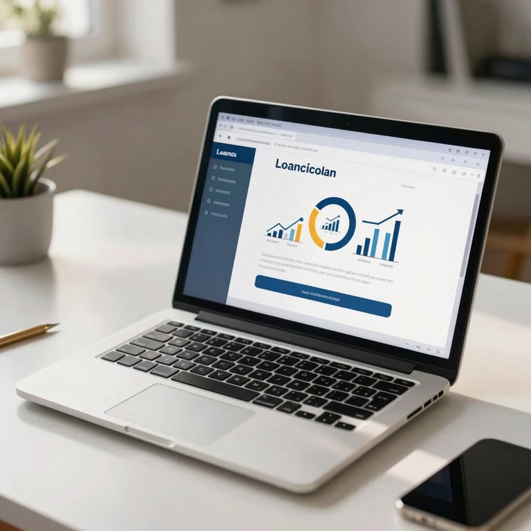 Close-up of a laptop screen displaying a loan simulation and financial icons on a minimalist white desk in a sunny Spanish home office.