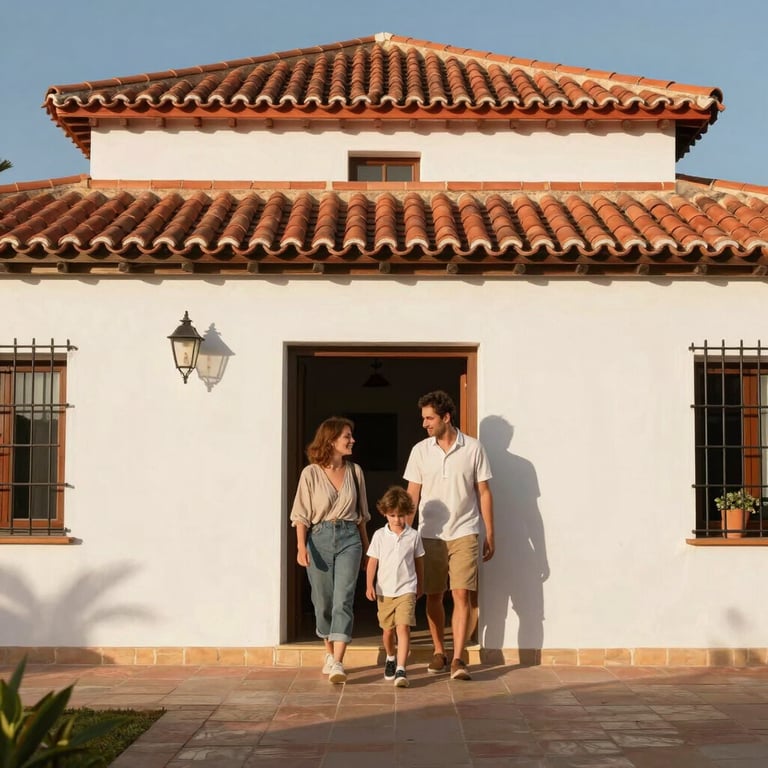 A happy family walking into a traditional yet modern Spanish villa with white walls and a red tile roof. Warm, sunny lighting.
