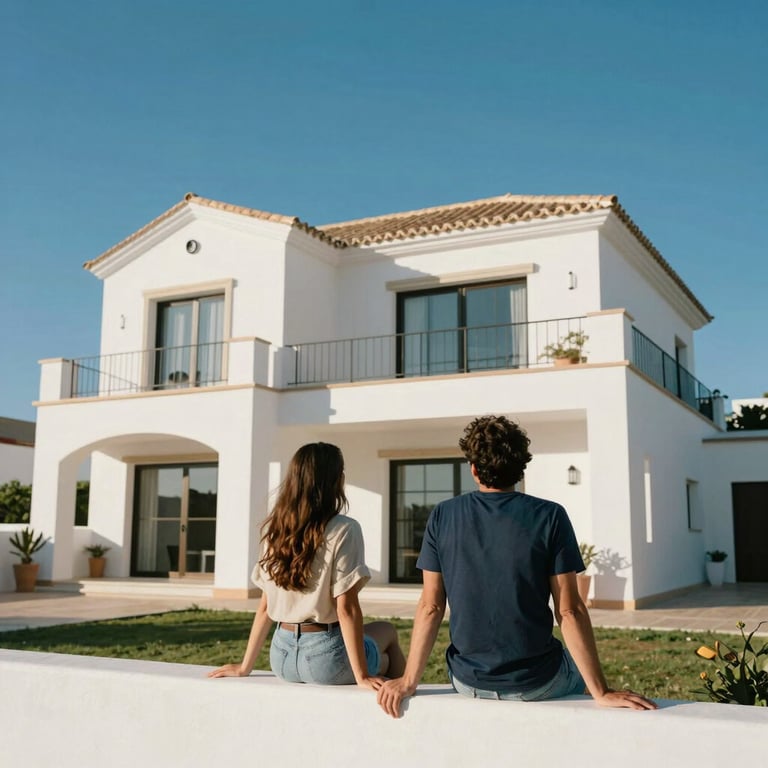 A relaxed couple looking at a beautiful modern white villa under a bright blue Spanish sky, capturing the dream of foreign homebuyers.