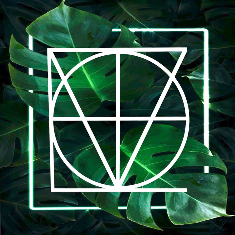 White geometric line art logo over lush green monstera leaves with a glowing neon square frame.