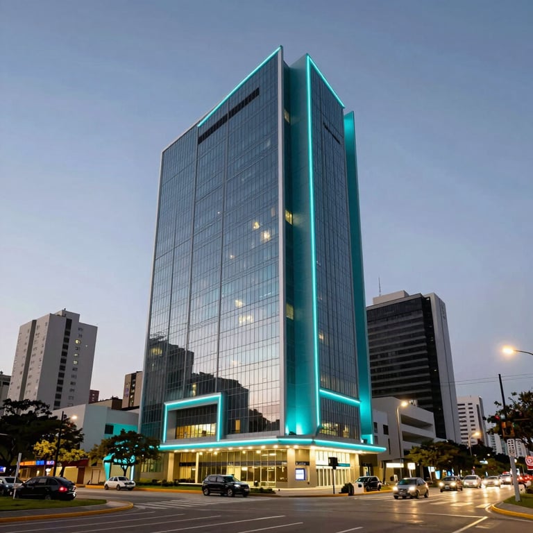 A wide architectural shot of a futuristic commercial building in a South American city at twilight with cyan accents.
