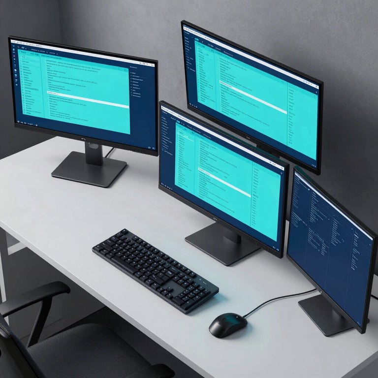 High-angle shot of a minimalist workstation with multiple monitors displaying automation flows in cyan and deep blue.
