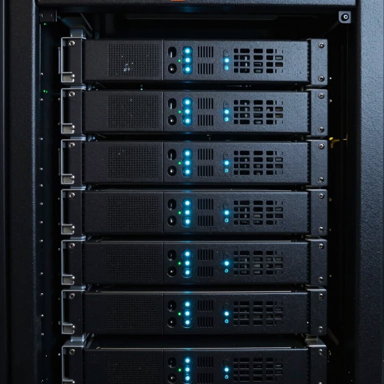 Close-up of a sophisticated server rack with glowing cyan indicator lights in a dark room environment.
