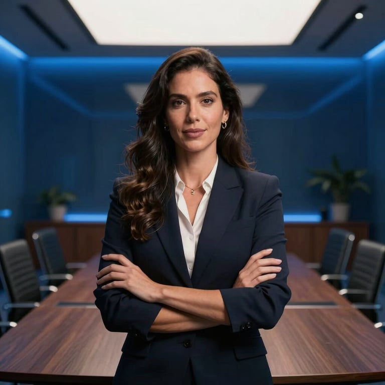 Professional South American woman presenting in a sleek boardroom with futuristic deep blue ambient lighting.