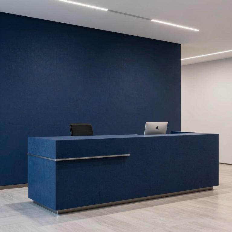 A minimalist reception area of a premium tech company featuring deep blue textures and modern furniture.