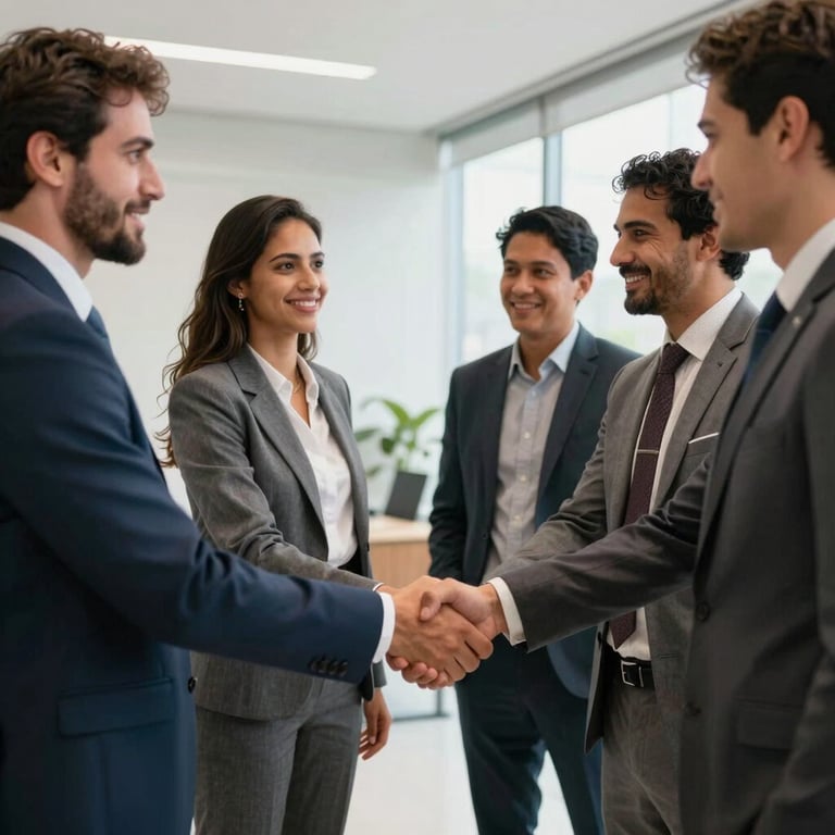 A group of South American business professionals shaking hands in a bright, modern office lobby in Brazil.
