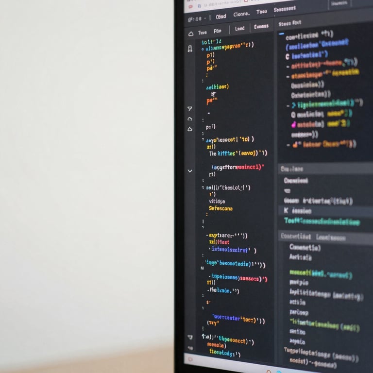 Macro close-up of a high-resolution code editor displaying clean structural syntax alongside a muted analytics dashboard, soft diffused daylight, architectural crop.