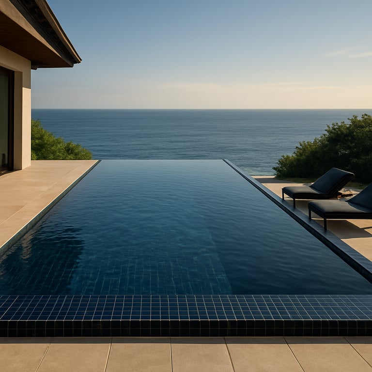A private villa infinity pool overlooking the ocean, featuring Dark Midnight Blue tile details.
