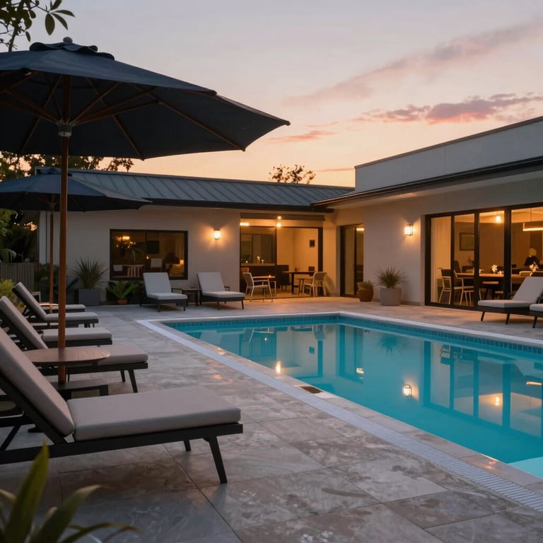 A 3D visualization of a commercial pool deck with sleek outdoor furniture and ambient sunset lighting.