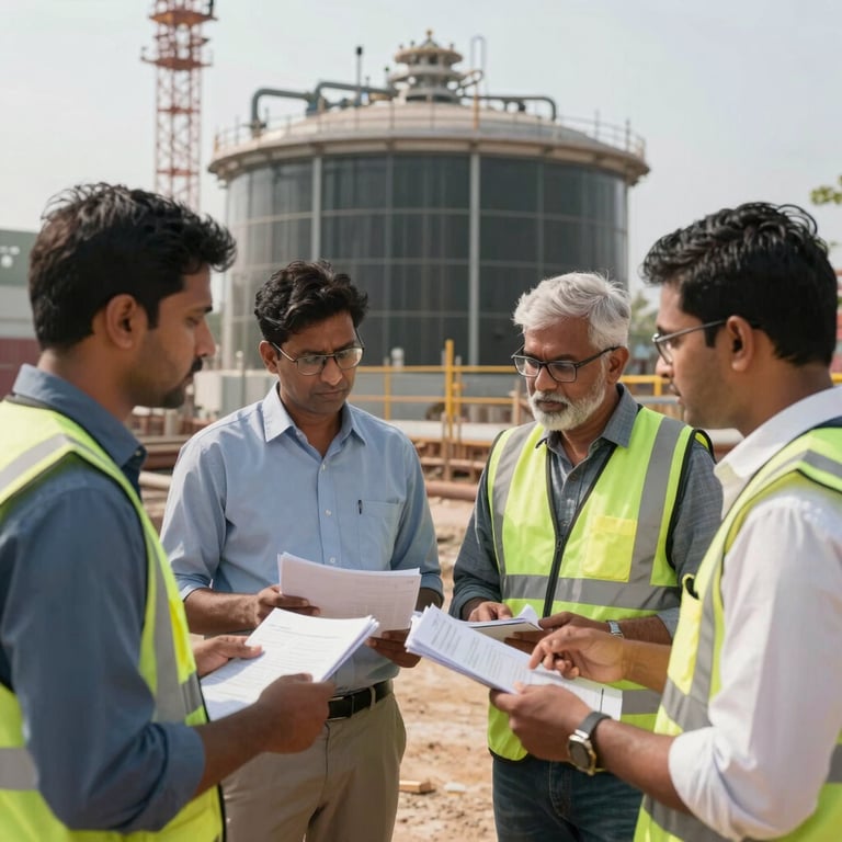 South Asian / Indian technical team in professional attire discussing project plans at an industrial construction site for a water plant.