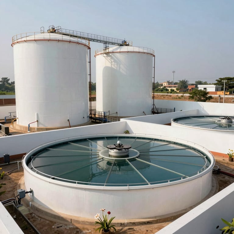 Wide shot of a completed turnkey water treatment project with large storage silos and a clean white exterior wall under the South Asian / Indian sun.