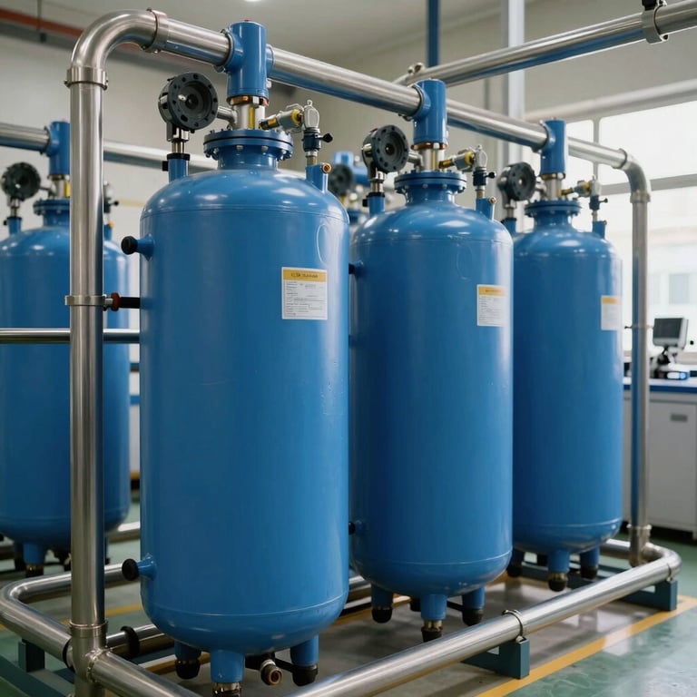 Modern Reverse Osmosis (RO) system installation with blue pressure vessels and stainless steel piping in a bright South Asian / Indian facility.