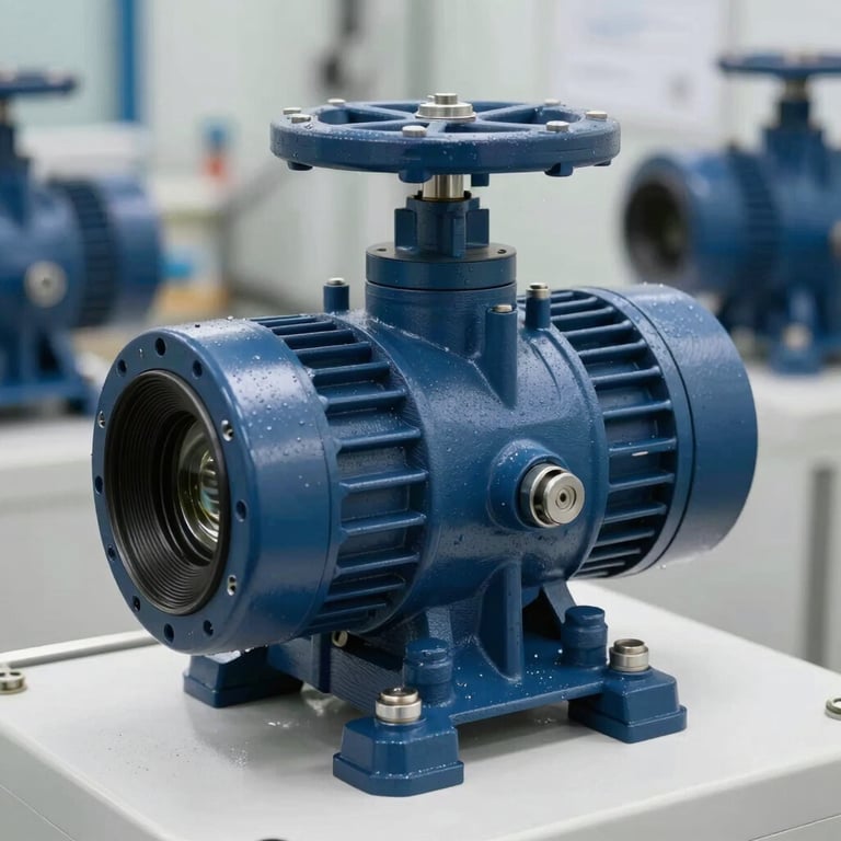 Close-up of a high-pressure pump used in water treatment, featuring dark blue metal housing and clean industrial surroundings.