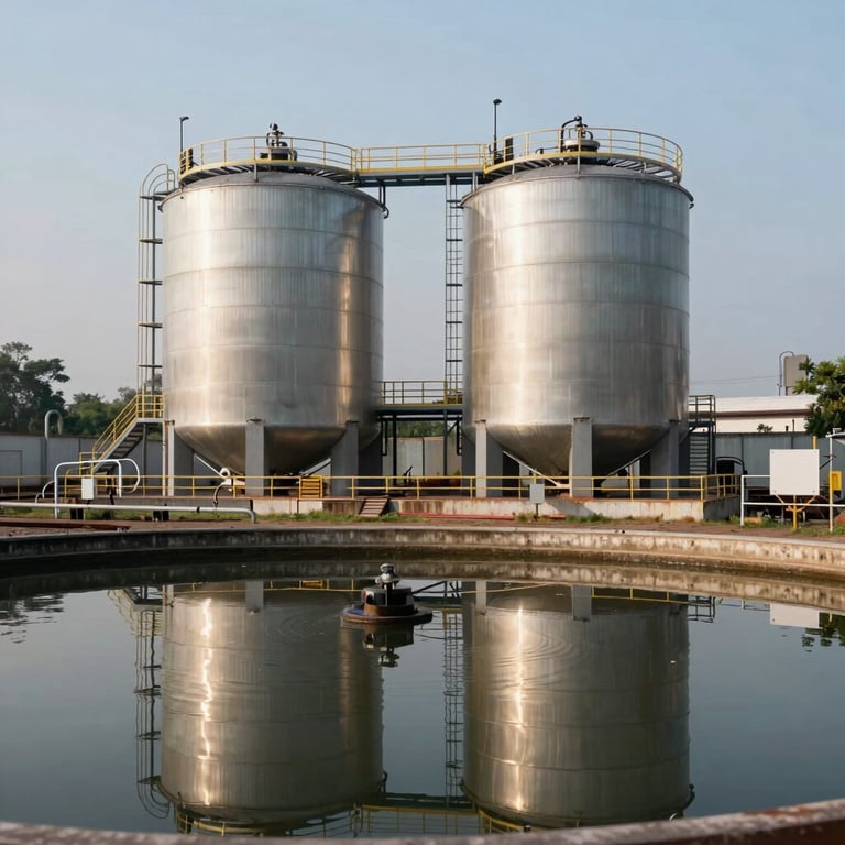 An Effluent Treatment Plant (ETP) with clarifying tanks reflecting a pale blue sky in an Indian industrial park.
