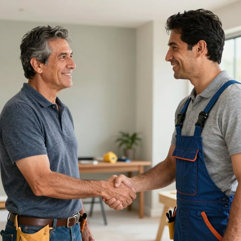 A satisfied Latinoamericano homeowner and a professional handyman in a trust-filled handshake.