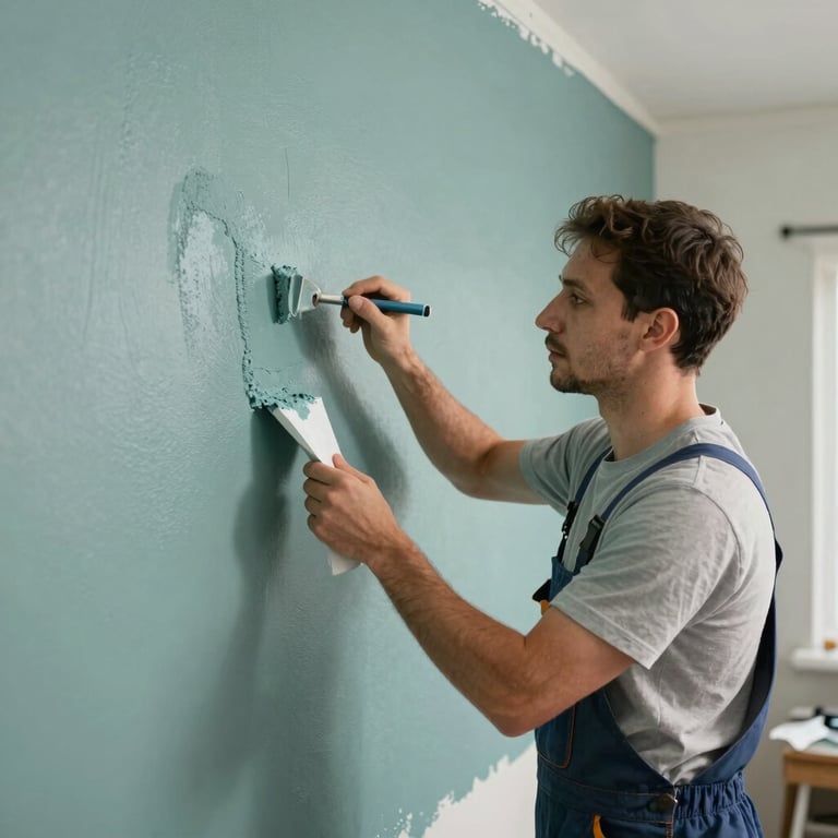 A handyman in a neat uniform painting a wall with a smooth muted teal finish.