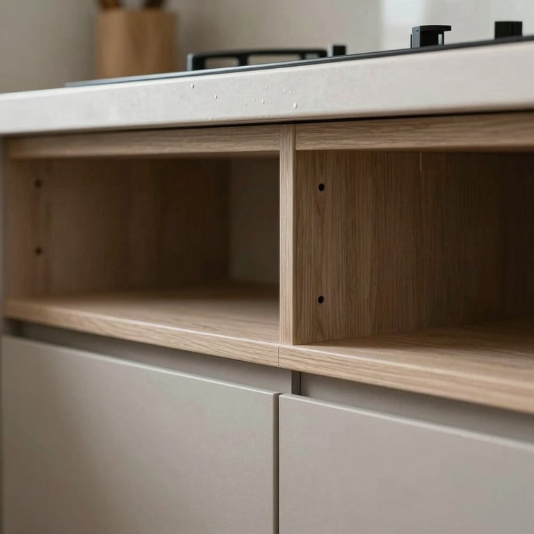 Detail of modern kitchen cabinet installation showing high-quality craftsmanship.