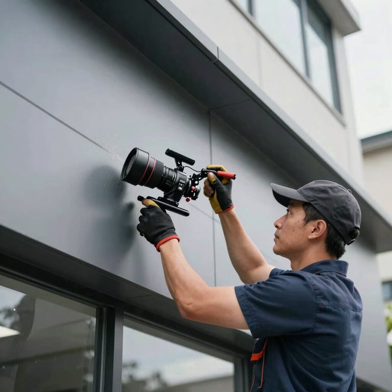 Handyman repairing a sleek exterior facade with professional gear in daylight.