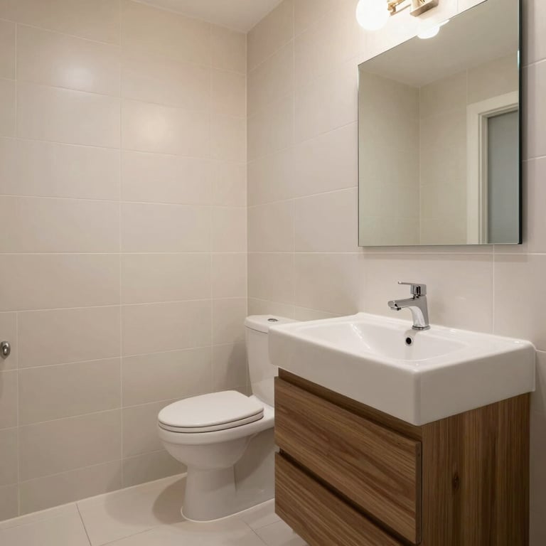 Modern bathroom renovation with off-white tiling and professional finishes in a Latinoamericano residence.