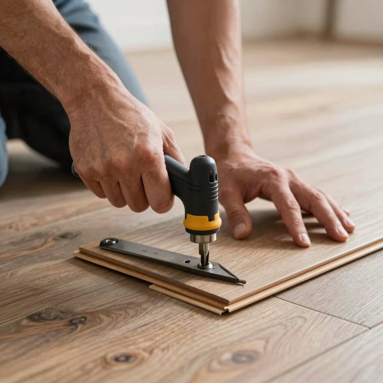 Close-up of a professional installing premium wooden flooring with precision tools.