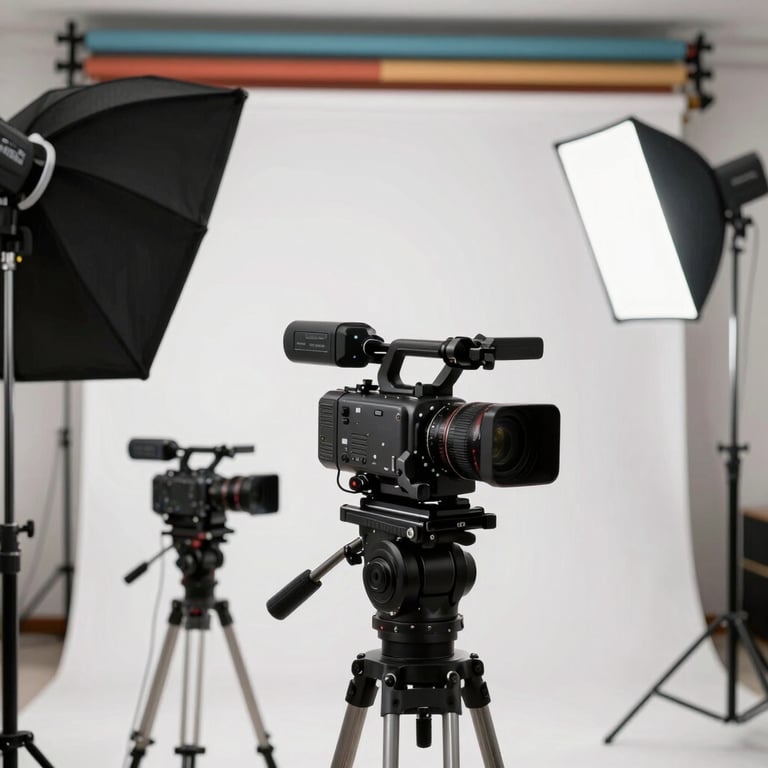 A clean, professional studio environment in Mexico City with cameras and lighting equipment, emphasizing high-quality video production.