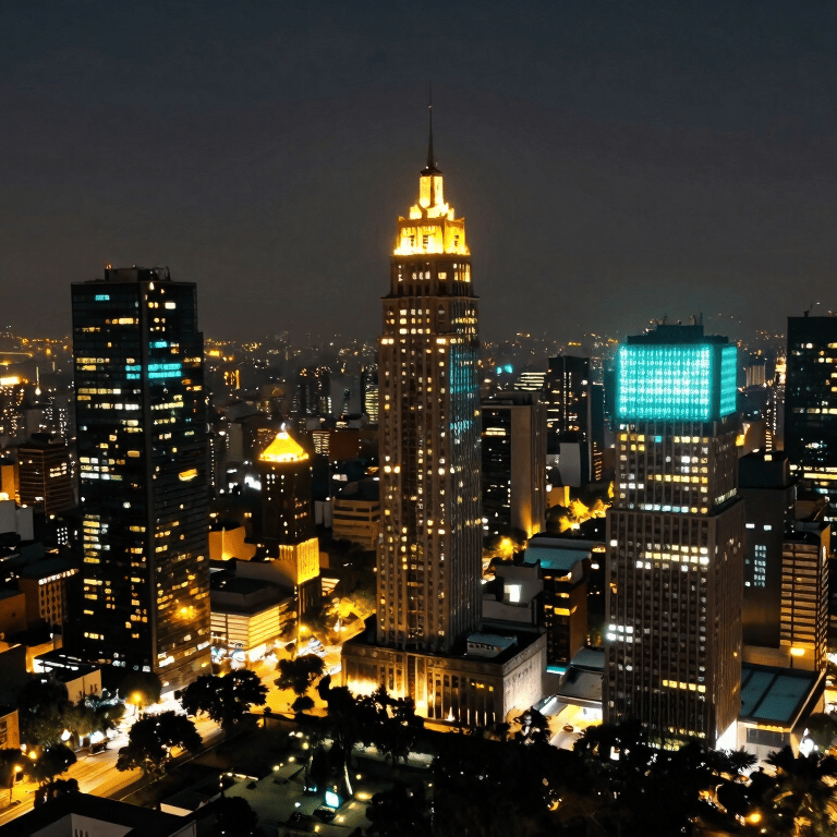 Modern architecture and skyline of Mexico City at dusk, featuring sleek glass buildings and warm urban lighting, professional photography.