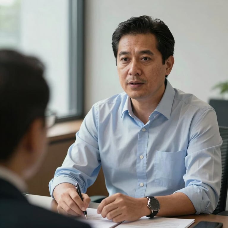 A professional and mature man in a North American / Mexican office, engaged in a strategic discussion, reflecting a trustworthy and authoritative presence.