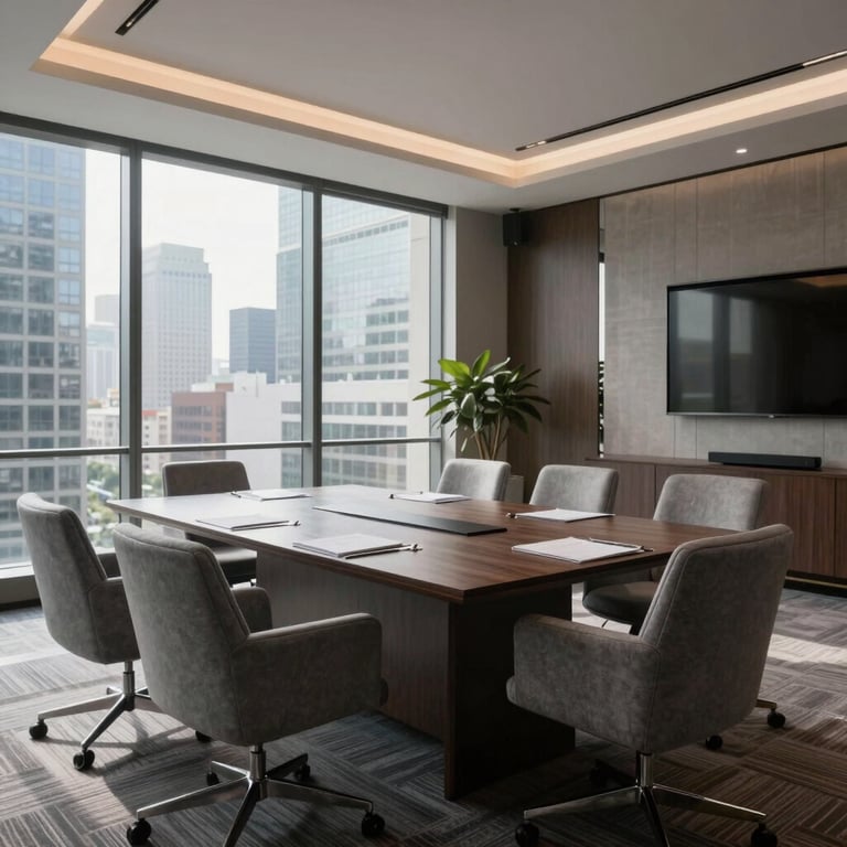 A high-end corporate meeting room in a North American / Mexican city, with natural light pouring through large windows and sophisticated medium grey furniture.
