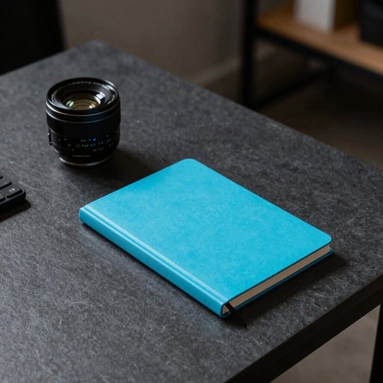 A minimalist workspace in a North American / Mexican creative studio, featuring a dark slate grey desk and a single bright cyan notebook.