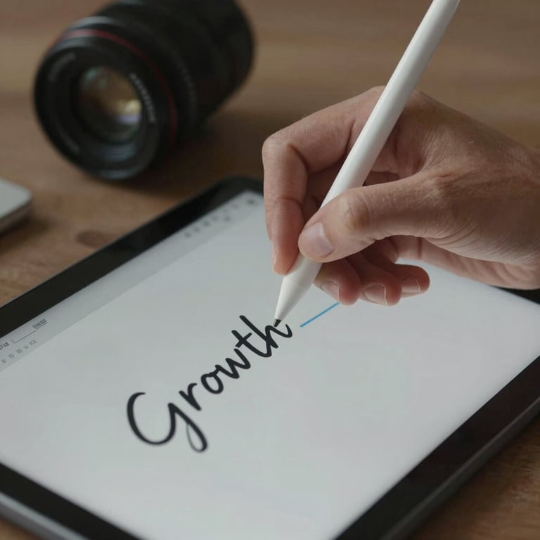 Close-up of a professional's hand using a high-quality stylus on a digital tablet to outline a growth strategy, focused and sharp lighting.
