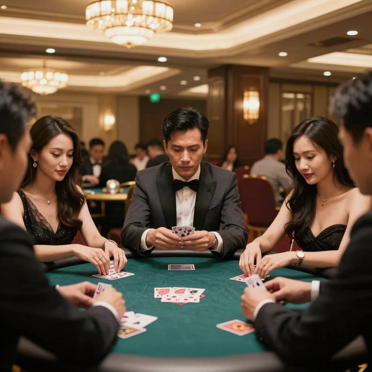 Southeast Asian / Vietnamese elegant VIP players enjoying a card game, sophisticated high-roller room, warm inviting lights.