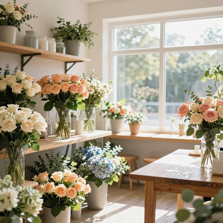 Bright and airy florist workshop interior with shelves of fresh cut roses, hydrangeas, and eucalyptus, warm morning daylight streaming through a large glass window, clean wooden tables.
