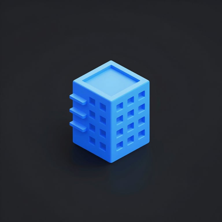 Minimalist 3D isometric icon of a glowing blue architectural ledger building, sharp studio edge-lighting on dark background