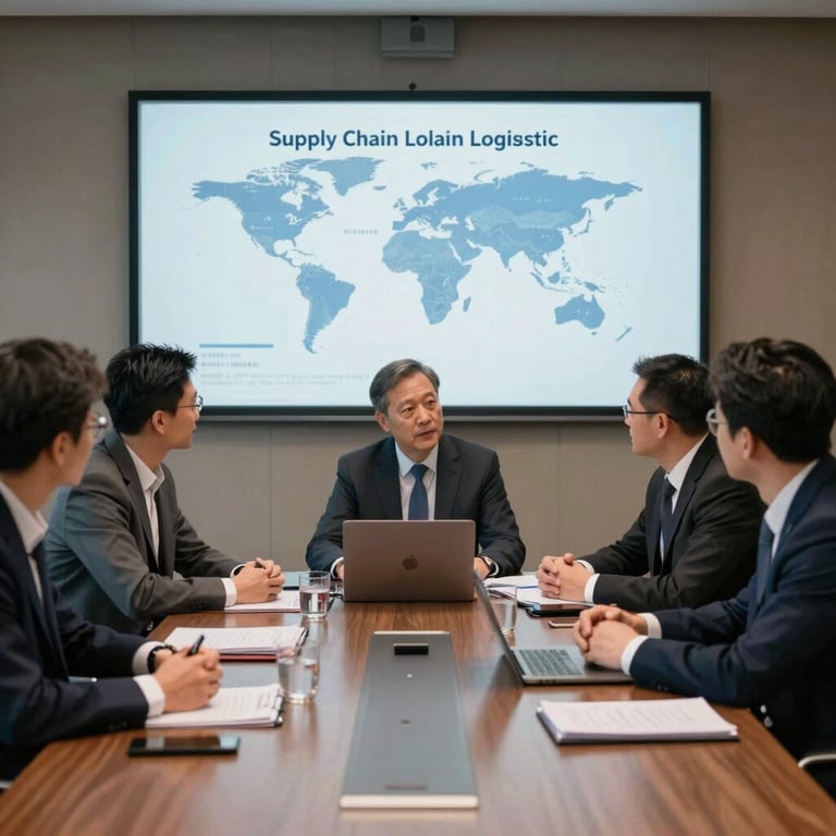 A group of professional business consultants in a sophisticated meeting room discussing global supply chain logistics.
