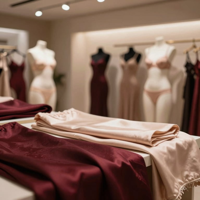 A wide-angle shot of a modern, clean, and organized lingerie production line in a large-scale factory setting, with professional workers and bright lighting.